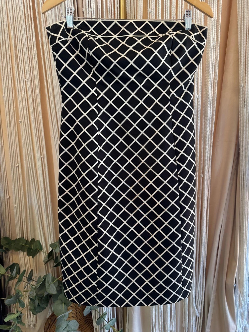vintage J.Crew cocktail dress black white strapless size 8 coquette diamond grid
